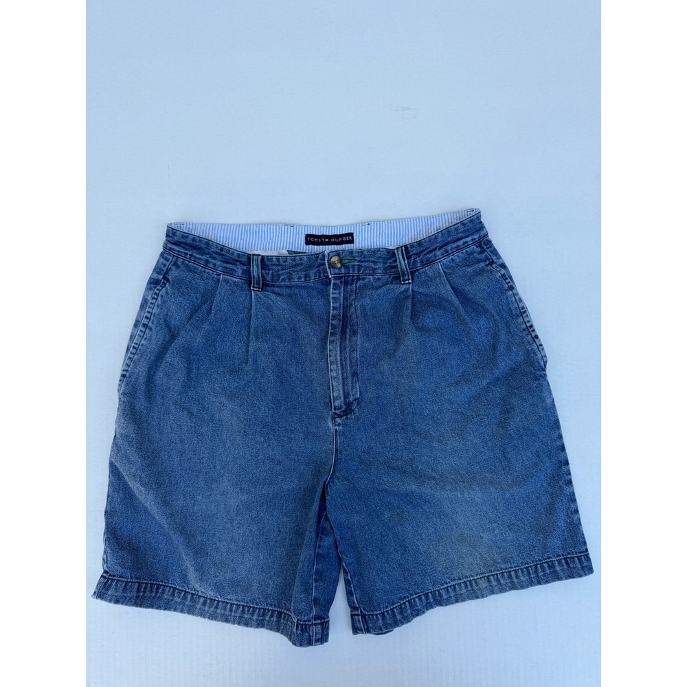 Vintage Tommy Hilfiger Mens Pleated Denim Jean Shorts Medium Wash Size 34 Y2K